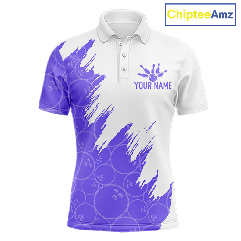 White & Purple Bowling Ball Pattern Bowling Shirt Custom Polo & Quarter-Zip Bowling Team Jersey