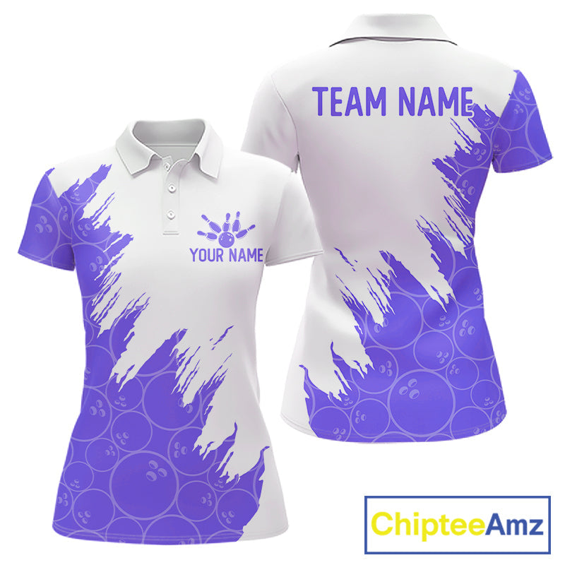 White & Purple Bowling Ball Pattern Bowling Shirt Custom Polo & Quarter-Zip Bowling Team Jersey