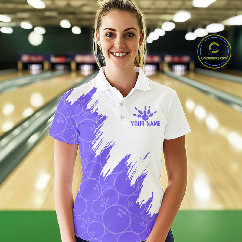 White & Purple Bowling Ball Pattern Bowling Shirt Custom Polo & Quarter-Zip Bowling Team Jersey