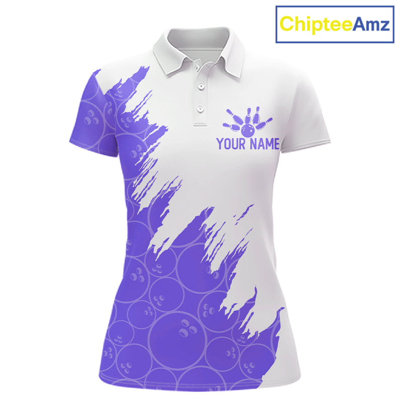 White & Purple Bowling Ball Pattern Bowling Shirt Custom Polo & Quarter-Zip Bowling Team Jersey