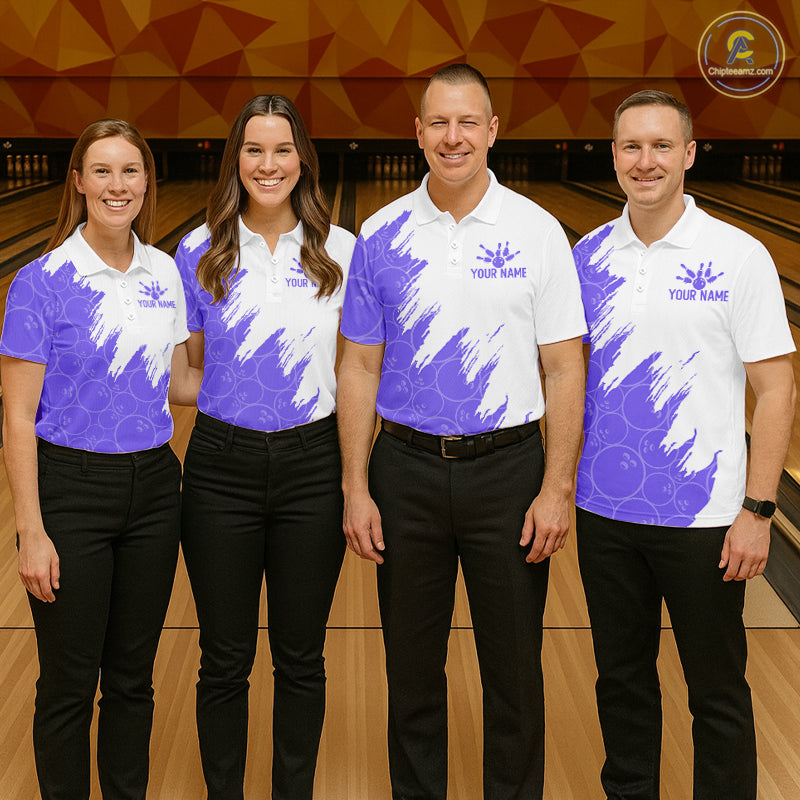 White & Purple Bowling Ball Pattern Bowling Shirt Custom Polo & Quarter-Zip Bowling Team Jersey