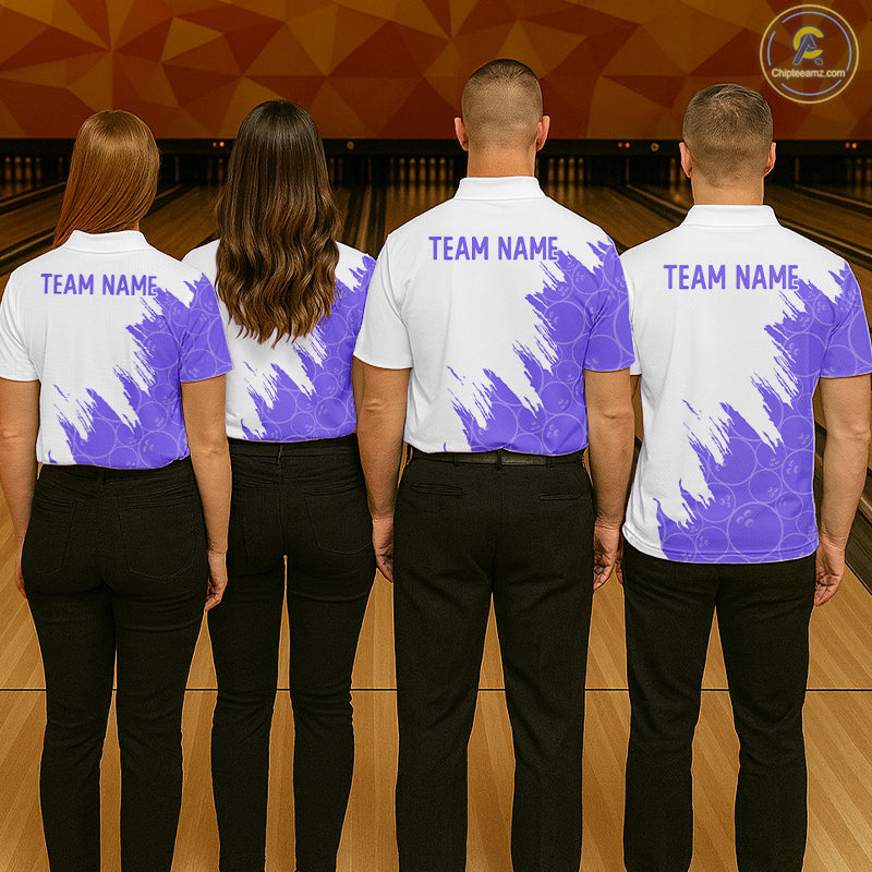 White & Purple Bowling Ball Pattern Bowling Shirt Custom Polo & Quarter-Zip Bowling Team Jersey