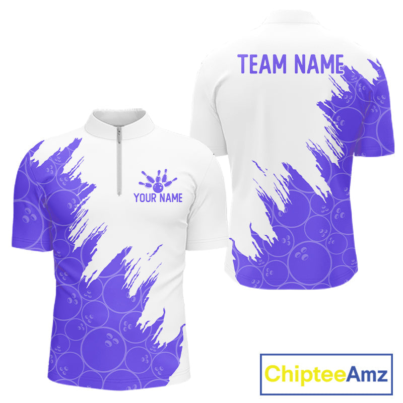 White & Purple Bowling Ball Pattern Bowling Shirt Custom Polo & Quarter-Zip Bowling Team Jersey