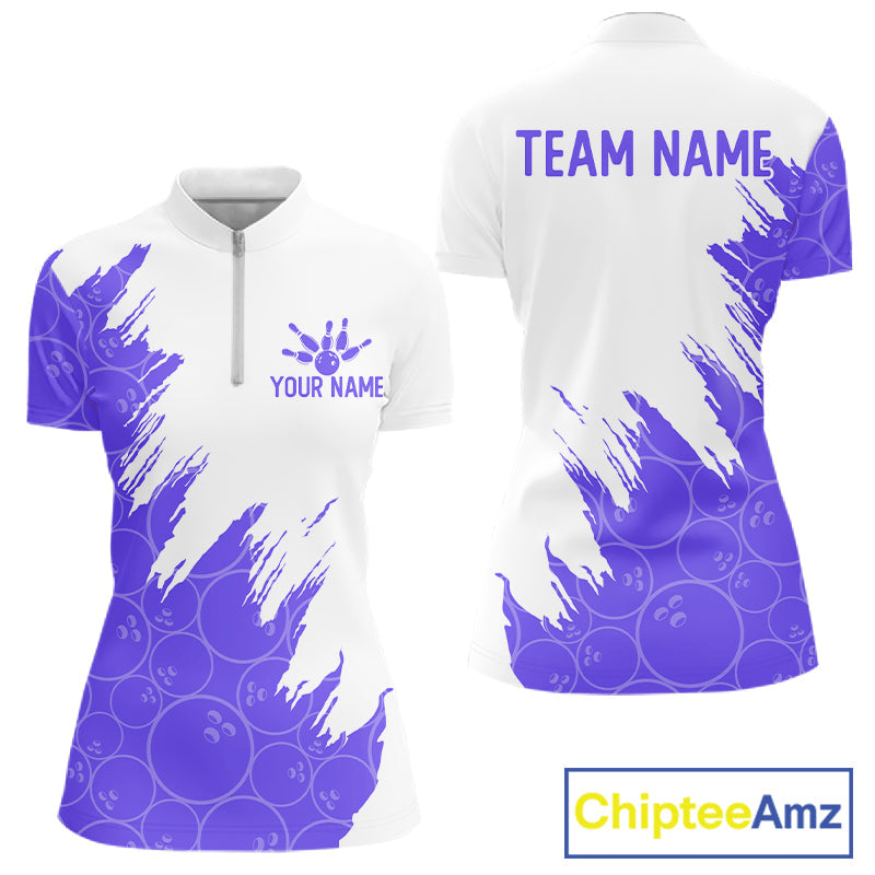White & Purple Bowling Ball Pattern Bowling Shirt Custom Polo & Quarter-Zip Bowling Team Jersey