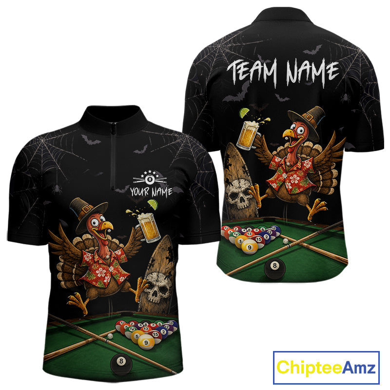 Funny Turkey Jumping With Beer Halloween Pool Billiard Shirt Custom Halloween Billiard Jersey