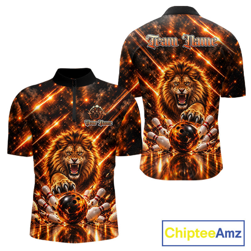 Fire Lion Bowling Shirt Custom Lion Thunder Bowler Polo 1/4-Zip Jersey Bowling Team League