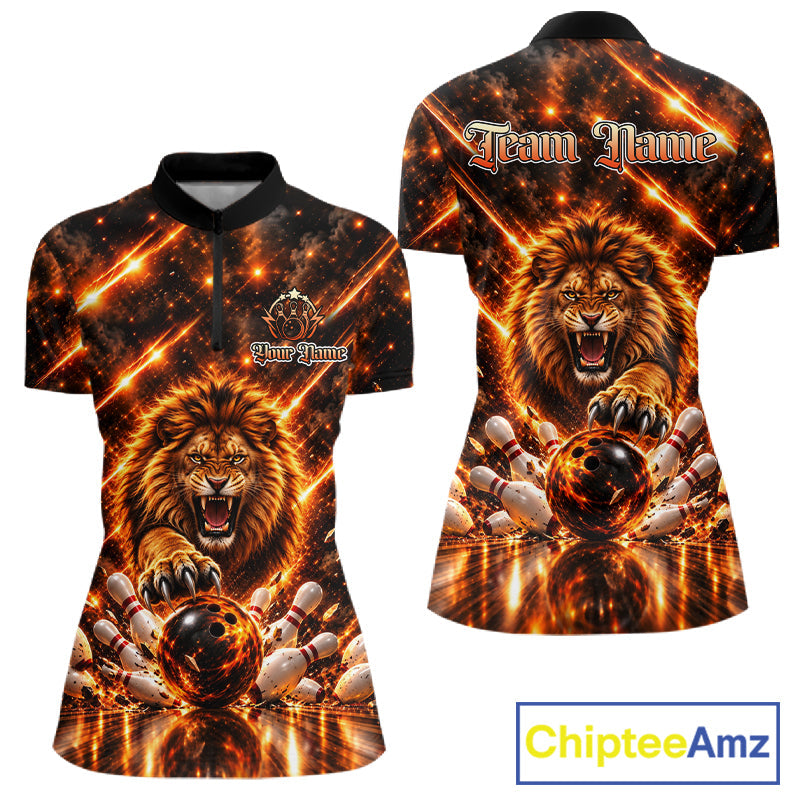 Fire Lion Bowling Shirt Custom Lion Thunder Bowler Polo 1/4-Zip Jersey Bowling Team League