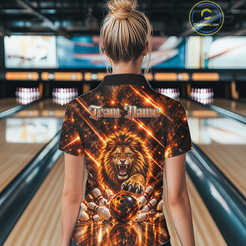 Fire Lion Bowling Shirt Custom Lion Thunder Bowler Polo 1/4-Zip Jersey Bowling Team League