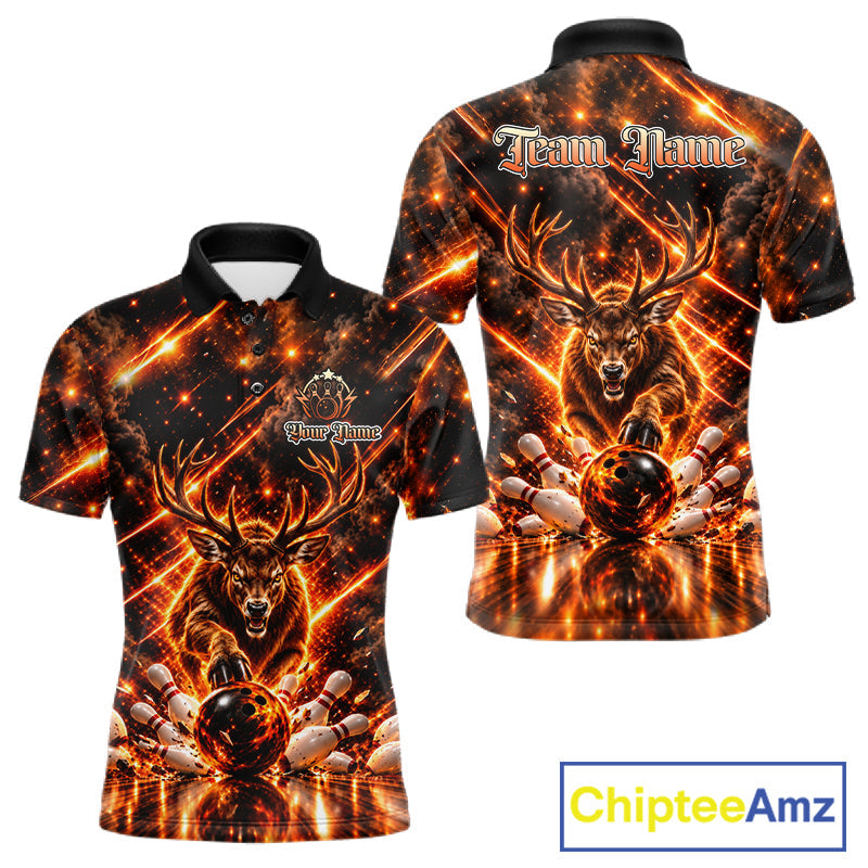 Fire Deer Bowling Shirt Custom Deer Thunder Bowler Polo 1/4-Zip Jersey Bowling Team League