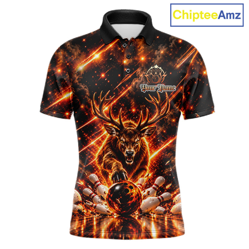 Fire Deer Bowling Shirt Custom Deer Thunder Bowler Polo 1/4-Zip Jersey Bowling Team League