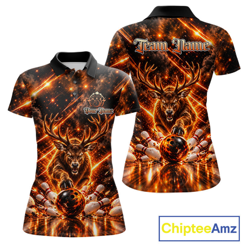 Fire Deer Bowling Shirt Custom Deer Thunder Bowler Polo 1/4-Zip Jersey Bowling Team League