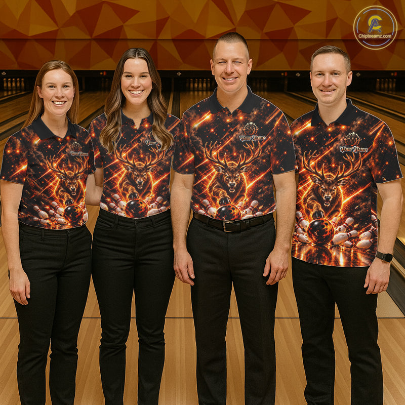 Fire Deer Bowling Shirt Custom Deer Thunder Bowler Polo 1/4-Zip Jersey Bowling Team League