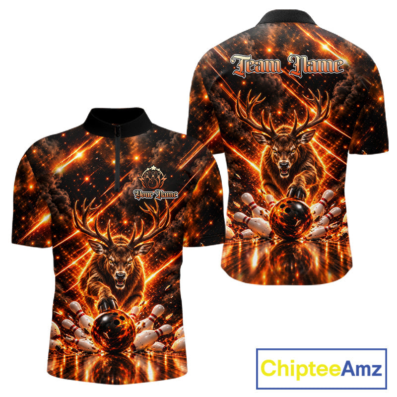 Fire Deer Bowling Shirt Custom Deer Thunder Bowler Polo 1/4-Zip Jersey Bowling Team League