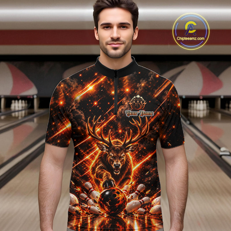 Fire Deer Bowling Shirt Custom Deer Thunder Bowler Polo 1/4-Zip Jersey Bowling Team League