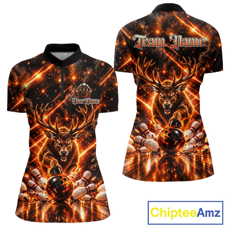 Fire Deer Bowling Shirt Custom Deer Thunder Bowler Polo 1/4-Zip Jersey Bowling Team League