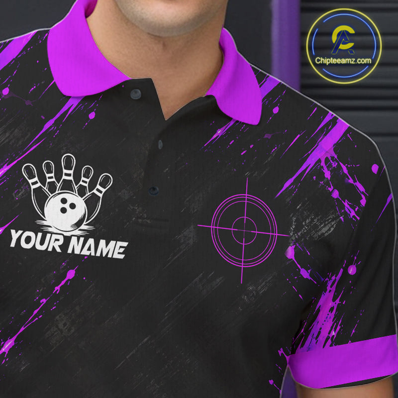 Custom Black And Blue Neon Bowling Polo 1/4-Zip Crosshair Bowler Jersey Bowling League