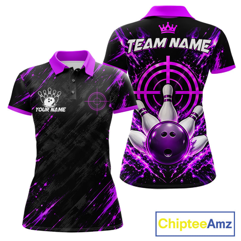 Custom Black And Blue Neon Bowling Polo 1/4-Zip Crosshair Bowler Jersey Bowling League