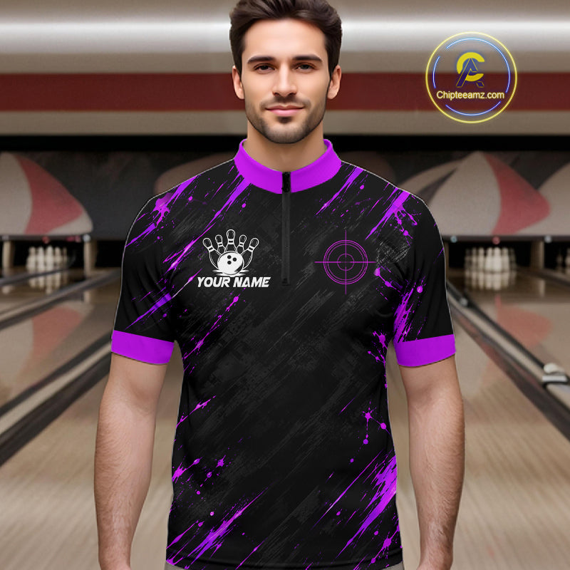 Custom Black And Blue Neon Bowling Polo 1/4-Zip Crosshair Bowler Jersey Bowling League