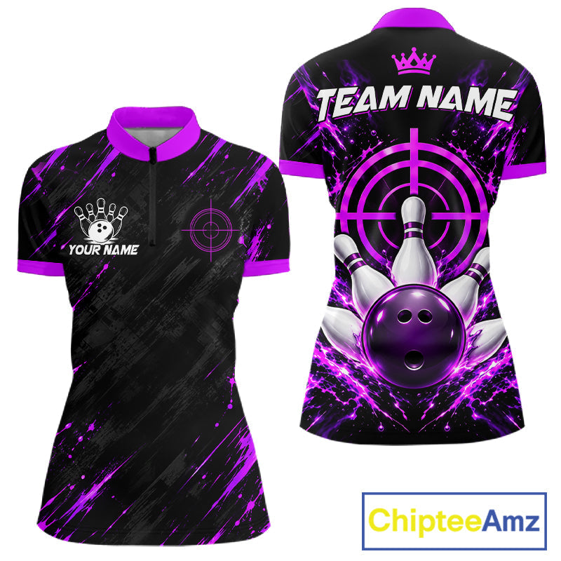 Custom Black And Blue Neon Bowling Polo 1/4-Zip Crosshair Bowler Jersey Bowling League