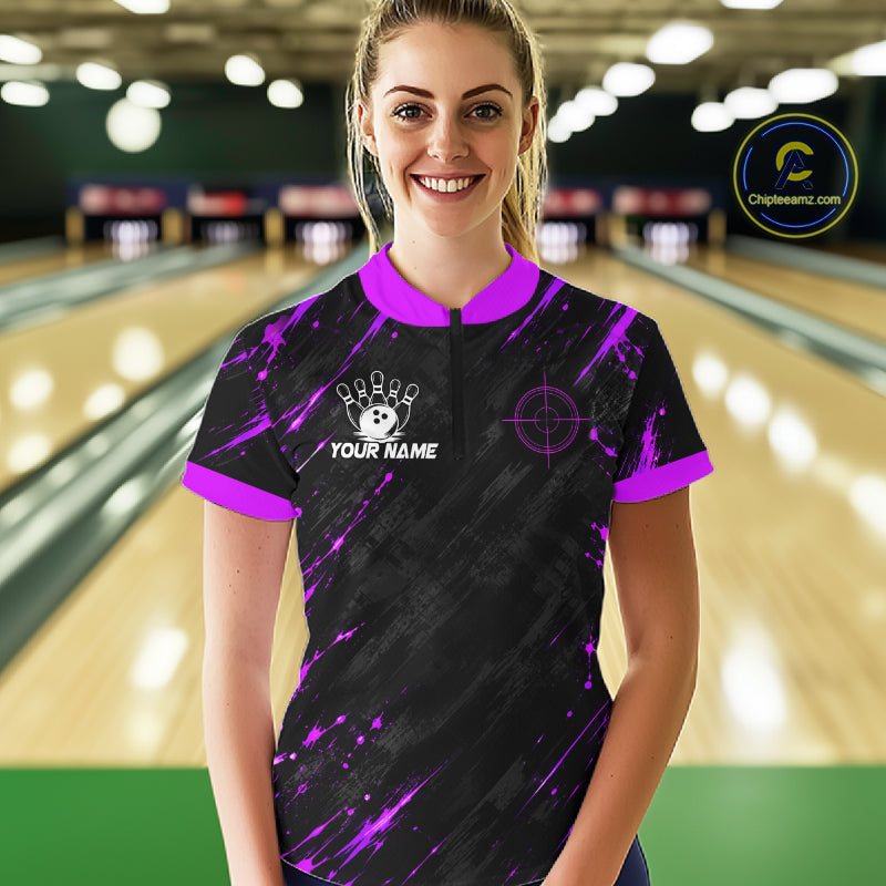Custom Black And Blue Neon Bowling Polo 1/4-Zip Crosshair Bowler Jersey Bowling League