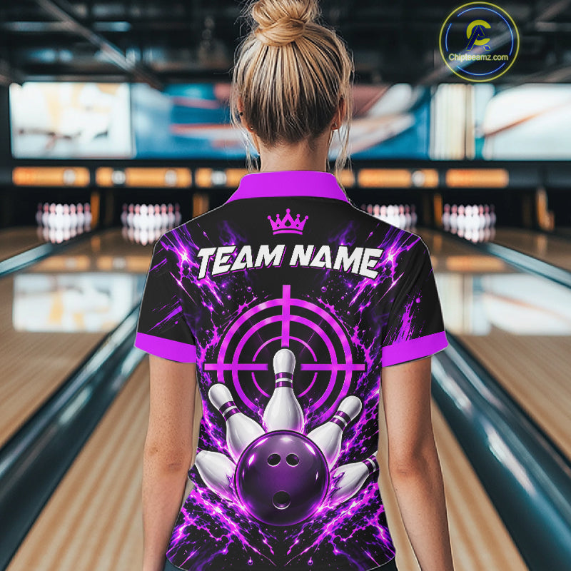 Custom Black And Blue Neon Bowling Polo 1/4-Zip Crosshair Bowler Jersey Bowling League