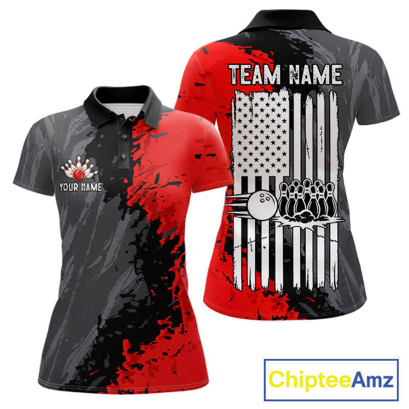 American Flag Grey And Red Grunge Bowling Shirt Custom Patriotic Bowling Team Jerseys