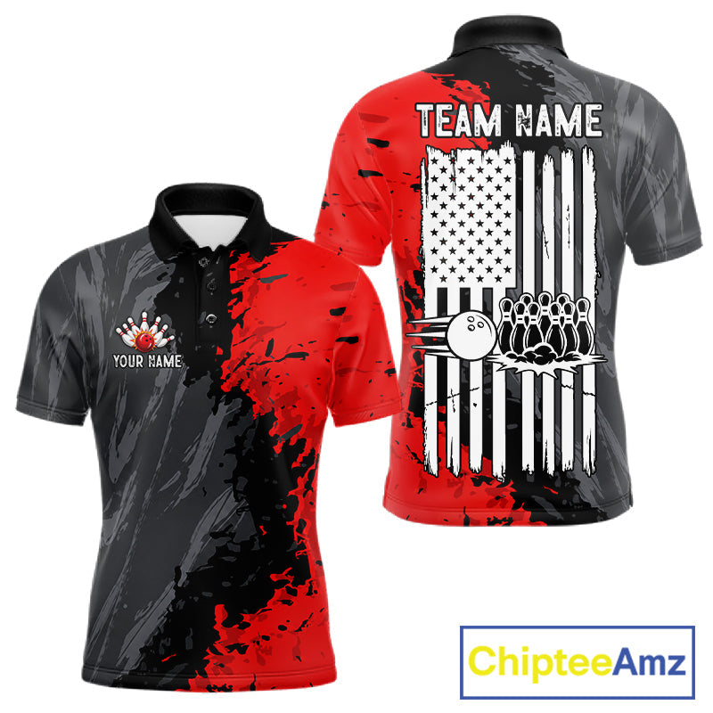 American Flag Grey And Red Grunge Bowling Shirt Custom Patriotic Bowling Team Jerseys