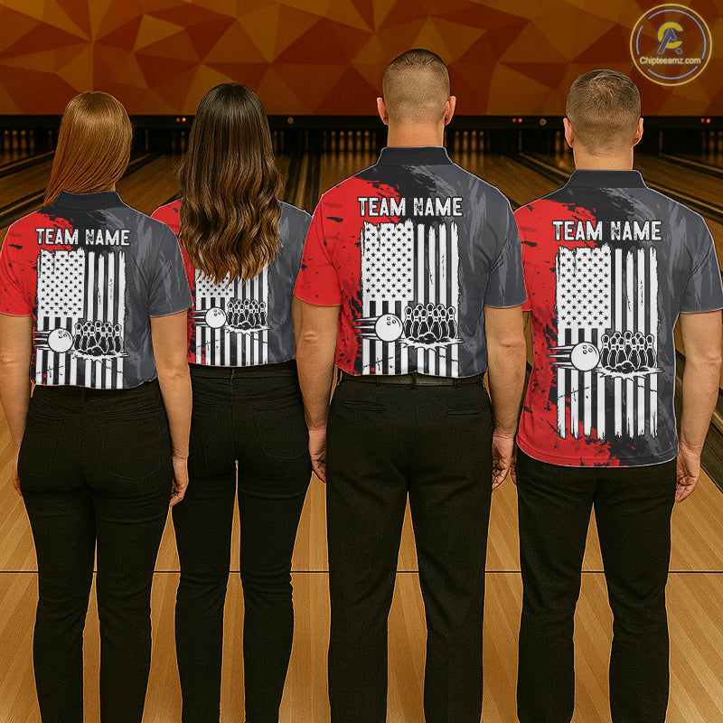 American Flag Grey And Red Grunge Bowling Shirt Custom Patriotic Bowling Team Jerseys