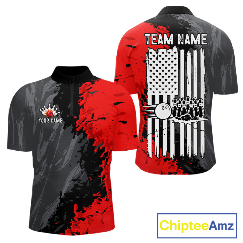American Flag Grey And Red Grunge Bowling Shirt Custom Patriotic Bowling Team Jerseys