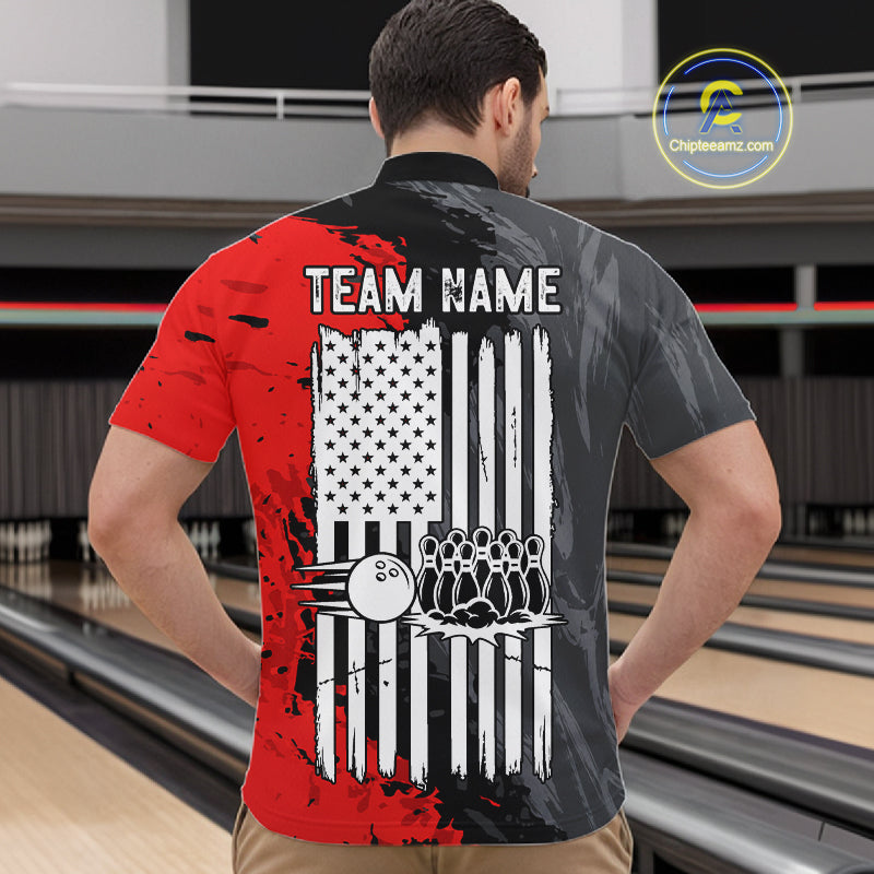 American Flag Grey And Red Grunge Bowling Shirt Custom Patriotic Bowling Team Jerseys
