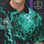 Custom Teal Fire Skull Bowling Polo Quarter-Zip Personalized Flaming Skull Bowling Jersey