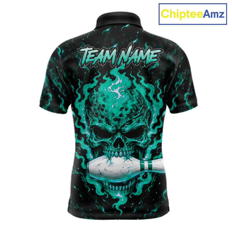 Custom Teal Fire Skull Bowling Polo Quarter-Zip Personalized Flaming Skull Bowling Jersey