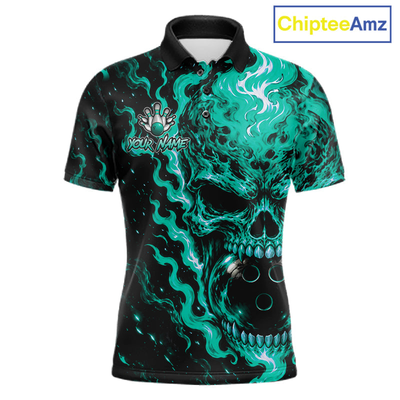 Custom Teal Fire Skull Bowling Polo Quarter-Zip Personalized Flaming Skull Bowling Jersey