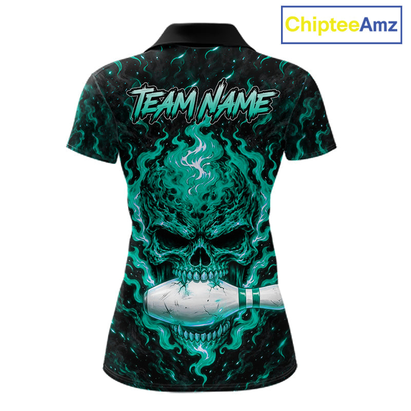 Custom Teal Fire Skull Bowling Polo Quarter-Zip Personalized Flaming Skull Bowling Jersey