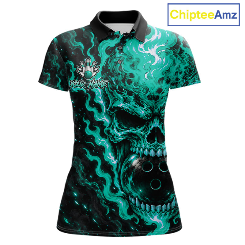 Custom Teal Fire Skull Bowling Polo Quarter-Zip Personalized Flaming Skull Bowling Jersey