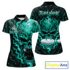 Custom Teal Fire Skull Bowling Polo Quarter-Zip Personalized Flaming Skull Bowling Jersey
