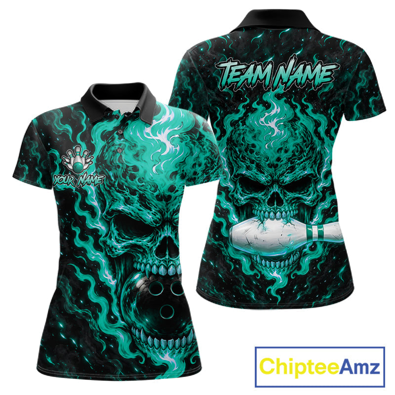 Custom Teal Fire Skull Bowling Polo Quarter-Zip Personalized Flaming Skull Bowling Jersey