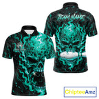Custom Teal Fire Skull Bowling Polo Quarter-Zip Personalized Flaming Skull Bowling Jersey