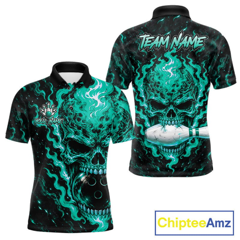 Custom Teal Fire Skull Bowling Polo Quarter-Zip Personalized Flaming Skull Bowling Jersey