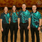 Custom Teal Fire Skull Bowling Polo Quarter-Zip Personalized Flaming Skull Bowling Jersey