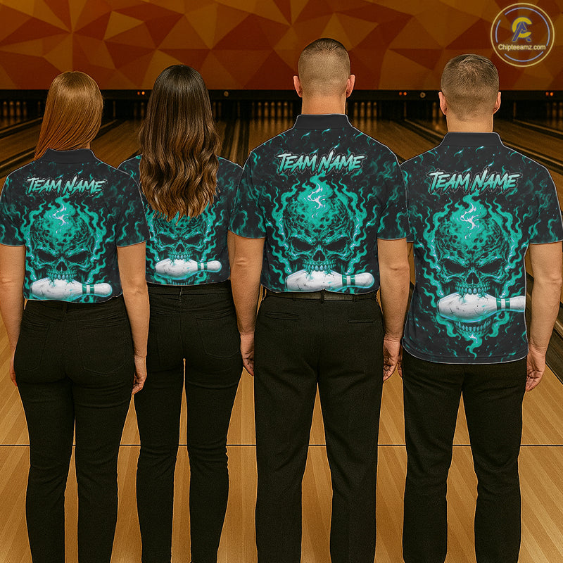 Custom Teal Fire Skull Bowling Polo Quarter-Zip Personalized Flaming Skull Bowling Jersey