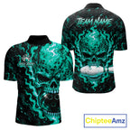 Custom Teal Fire Skull Bowling Polo Quarter-Zip Personalized Flaming Skull Bowling Jersey