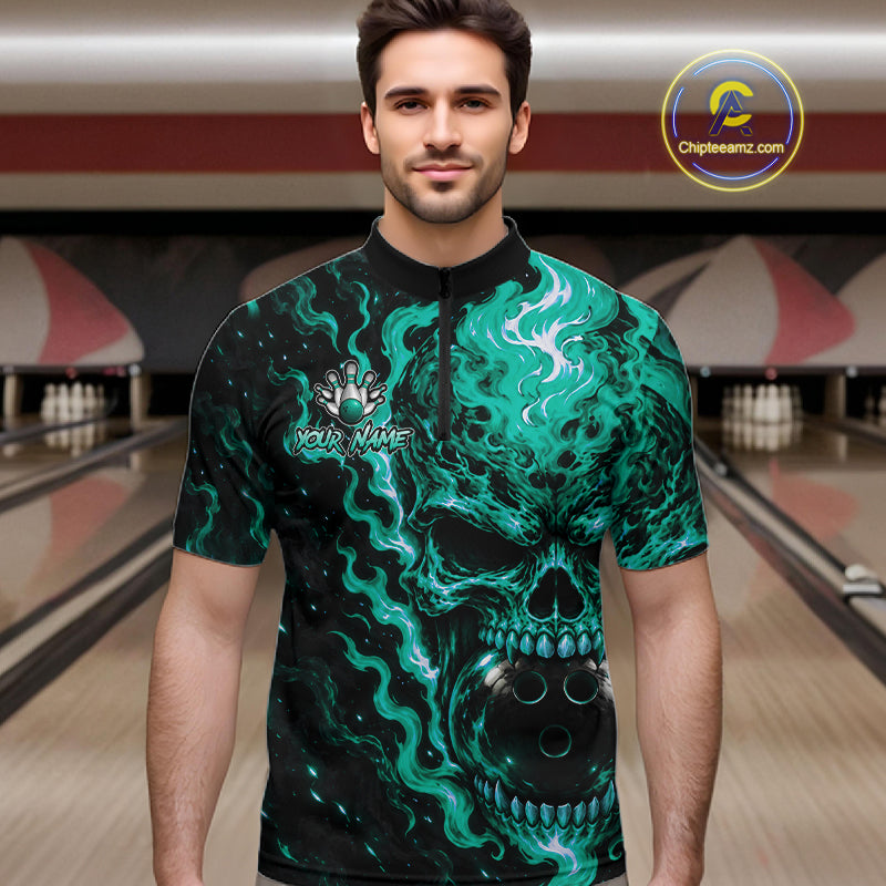 Custom Teal Fire Skull Bowling Polo Quarter-Zip Personalized Flaming Skull Bowling Jersey