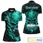 Custom Teal Fire Skull Bowling Polo Quarter-Zip Personalized Flaming Skull Bowling Jersey