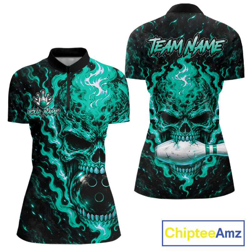 Custom Teal Fire Skull Bowling Polo Quarter-Zip Personalized Flaming Skull Bowling Jersey