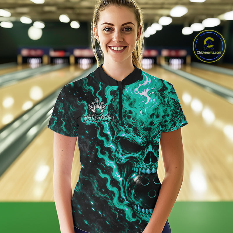 Custom Teal Fire Skull Bowling Polo Quarter-Zip Personalized Flaming Skull Bowling Jersey