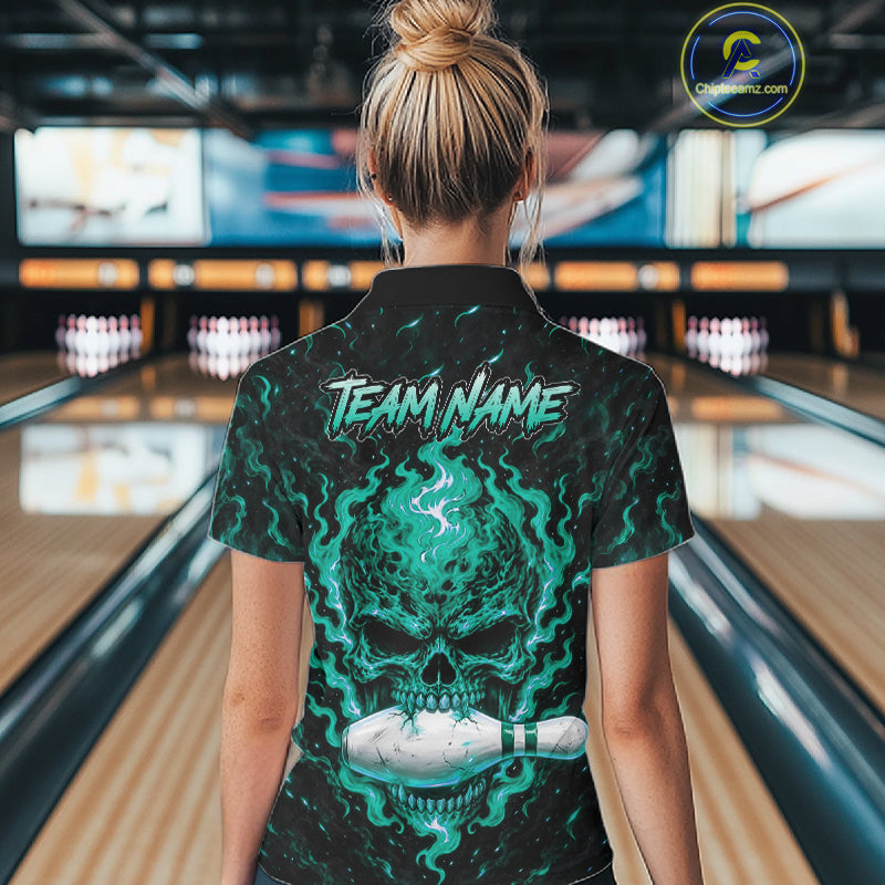 Custom Teal Fire Skull Bowling Polo Quarter-Zip Personalized Flaming Skull Bowling Jersey