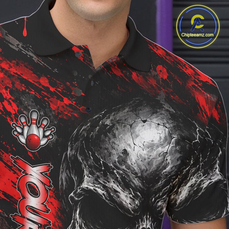 Red Brush Grunge Skull Bowling Polo Quarter-Zip Personalized Bowling Team Jersey