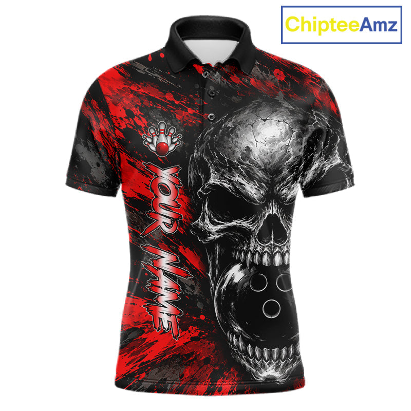 Red Brush Grunge Skull Bowling Polo Quarter-Zip Personalized Bowling Team Jersey