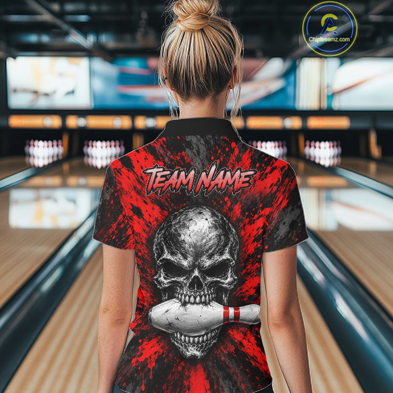 Red Brush Grunge Skull Bowling Polo Quarter-Zip Personalized Bowling Team Jersey